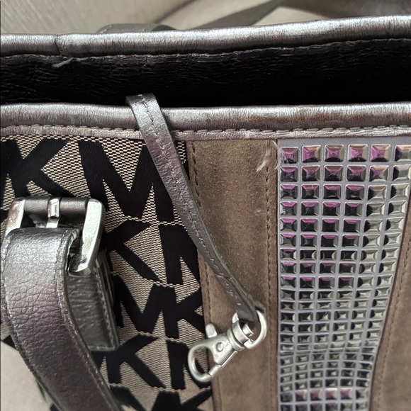 Michael Kors Bedford Shoulder Bag Tote Leather Suede Canvas Black Brown - Picture 6 of 10